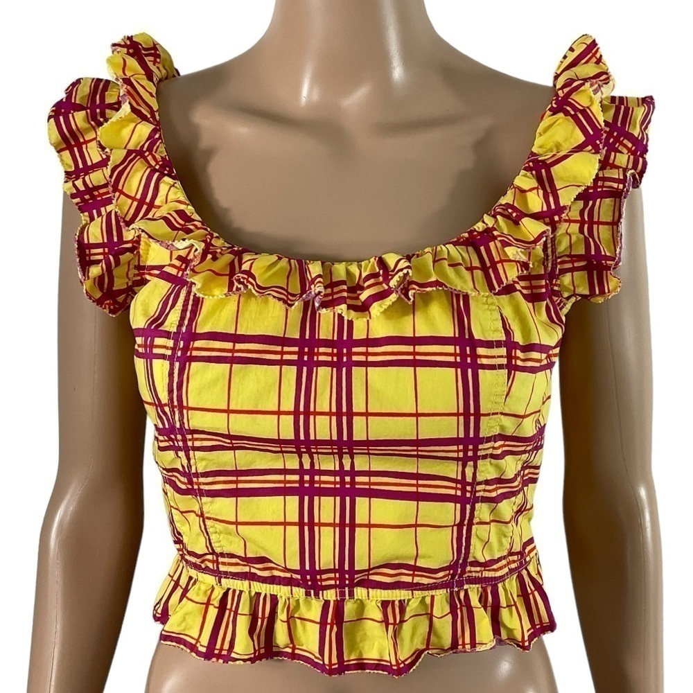 L’ Academie Los Angeles The Laci Crop Top In Yellow Plaid Size Small Side zip